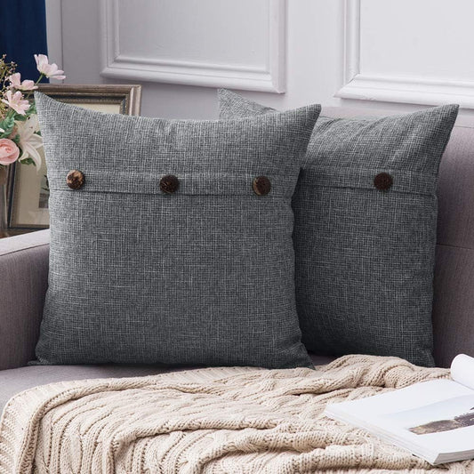 Set of 2 Decorative Linen Throw Pillow Covers Cushion Case Triple Button Vintage Farmhouse Pillowcase for Couch Sofa Bed 18 X 18 Inch 45 X 45 Cm Dark Grey