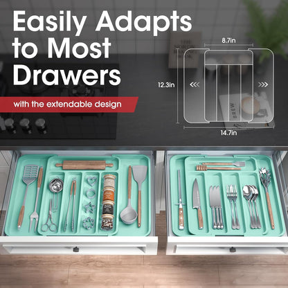 Silverware Organizer - Expandable Kitchen Drawer Organizer, Adjustable Utensil Organizer, Cutlery Tray for Forks, Knives, Multipurpose Kitchen Organizers and Storage Solution, Green, Medium
