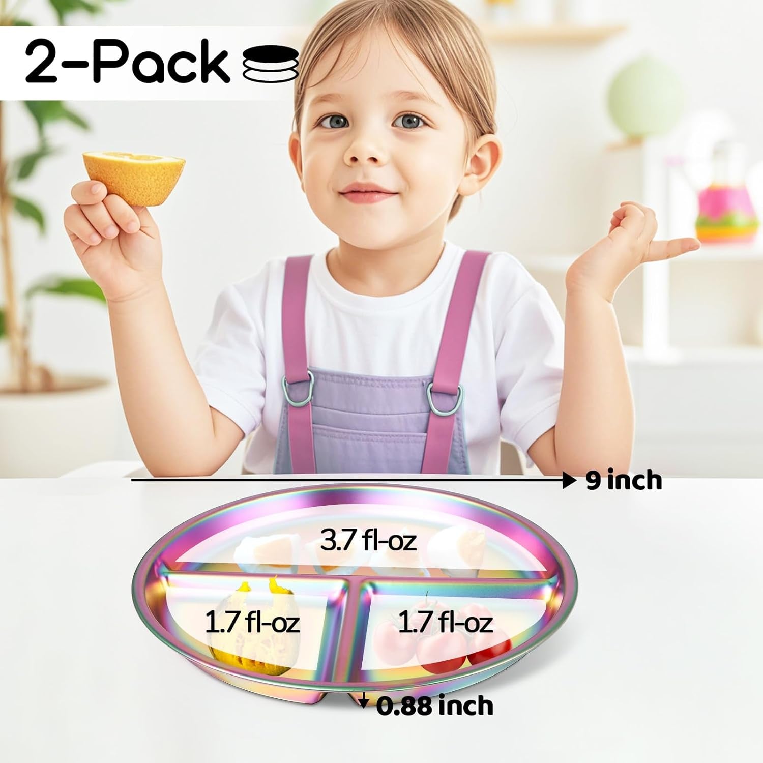 Stainless Steel Kids Plates Set of 2, 9" Portion Divided Plate for Toddler & Baby, Non Toxic Unbreakable Dinner Dishes, Metal Food Tray Camping Picnic Snack Nut Container, Bling Colorful