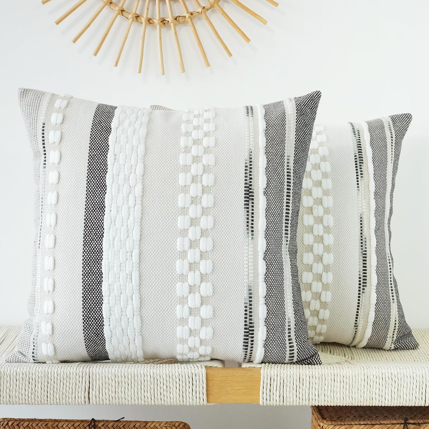 Pack of 2 Boho Throw Pillow Covers Accent Striped Pillowcovers Farmhouse Decorative Cushion Case Home Decor 18 X 18 Inch White