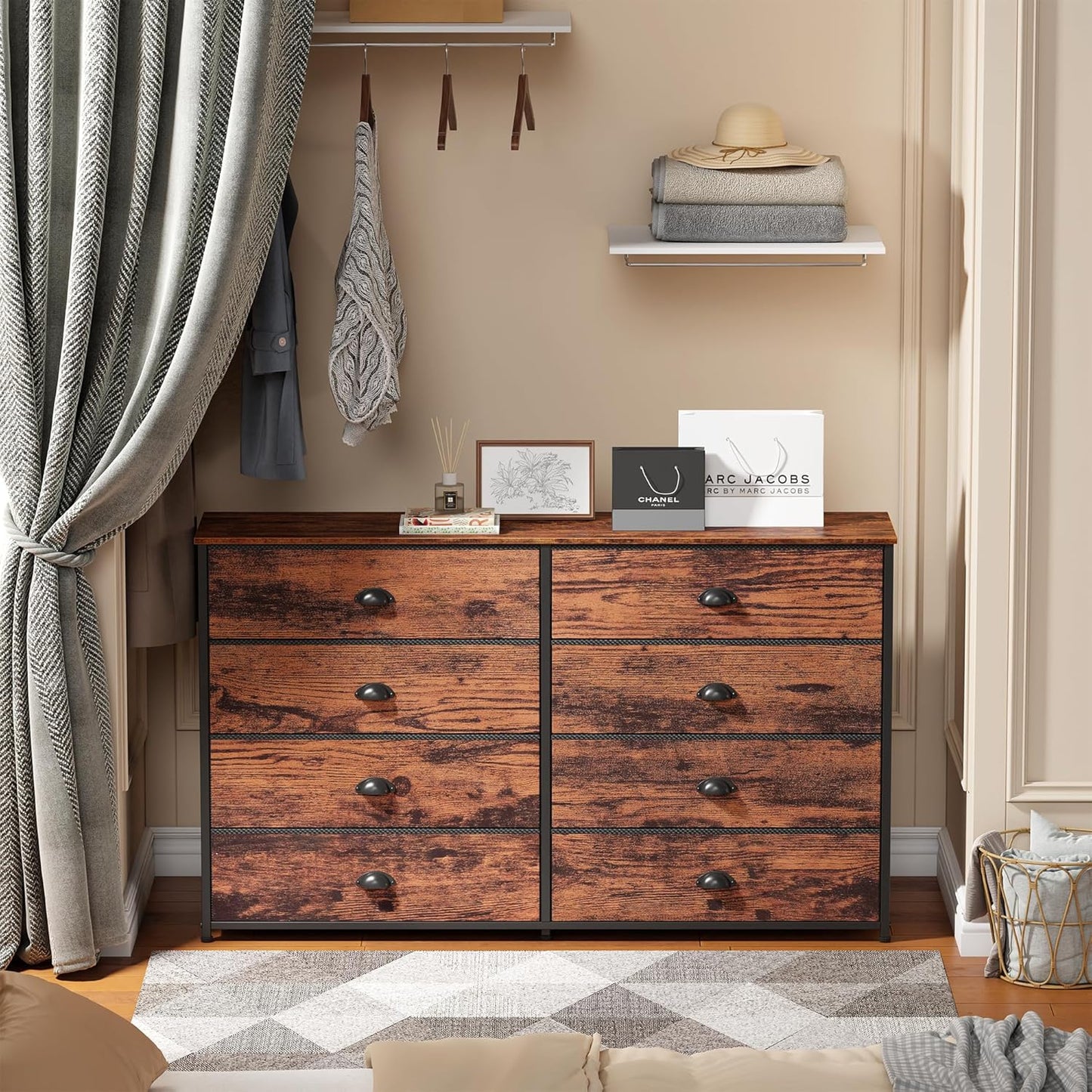 Rustic Brown Long Dresser and TV Stand for 55'' TV with 8 Fabric Bins - Versatile Storage Unit for Bedroom, Office, Dorm, Closet, and Entryway