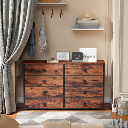 Rustic Brown Long Dresser and TV Stand for 55'' TV with 8 Fabric Bins - Versatile Storage Unit for Bedroom, Office, Dorm, Closet, and Entryway