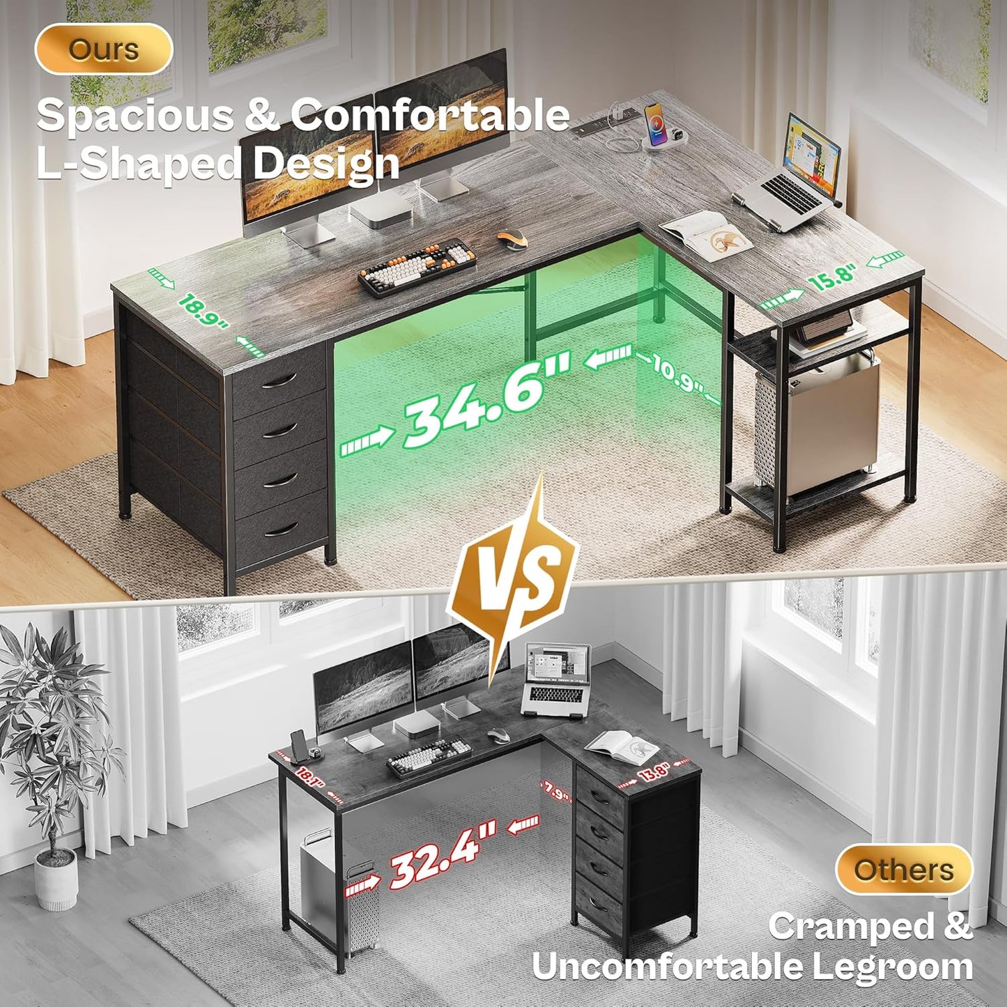 63-Inch L-Shaped Desk with Fabric Drawers, Reversible Computer Gaming Desk Featuring Power Outlets and USB-C Port, Adjustable Side Storage Shelves for Home Office and Study Corner, Grey