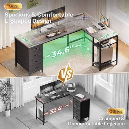 63-Inch L-Shaped Desk with Fabric Drawers, Reversible Computer Gaming Desk Featuring Power Outlets and USB-C Port, Adjustable Side Storage Shelves for Home Office and Study Corner, Grey