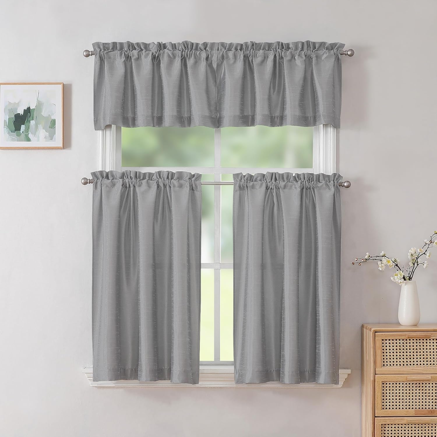 Uptown Silver Grey Kitchen Tier Curtains 36 Inch Length 2 Panels, Faux Silk Room Darkening Privacy Short Curtains for Small Window Farmhouse Bedroom Basement Bathroom, Each 30X36 Inch