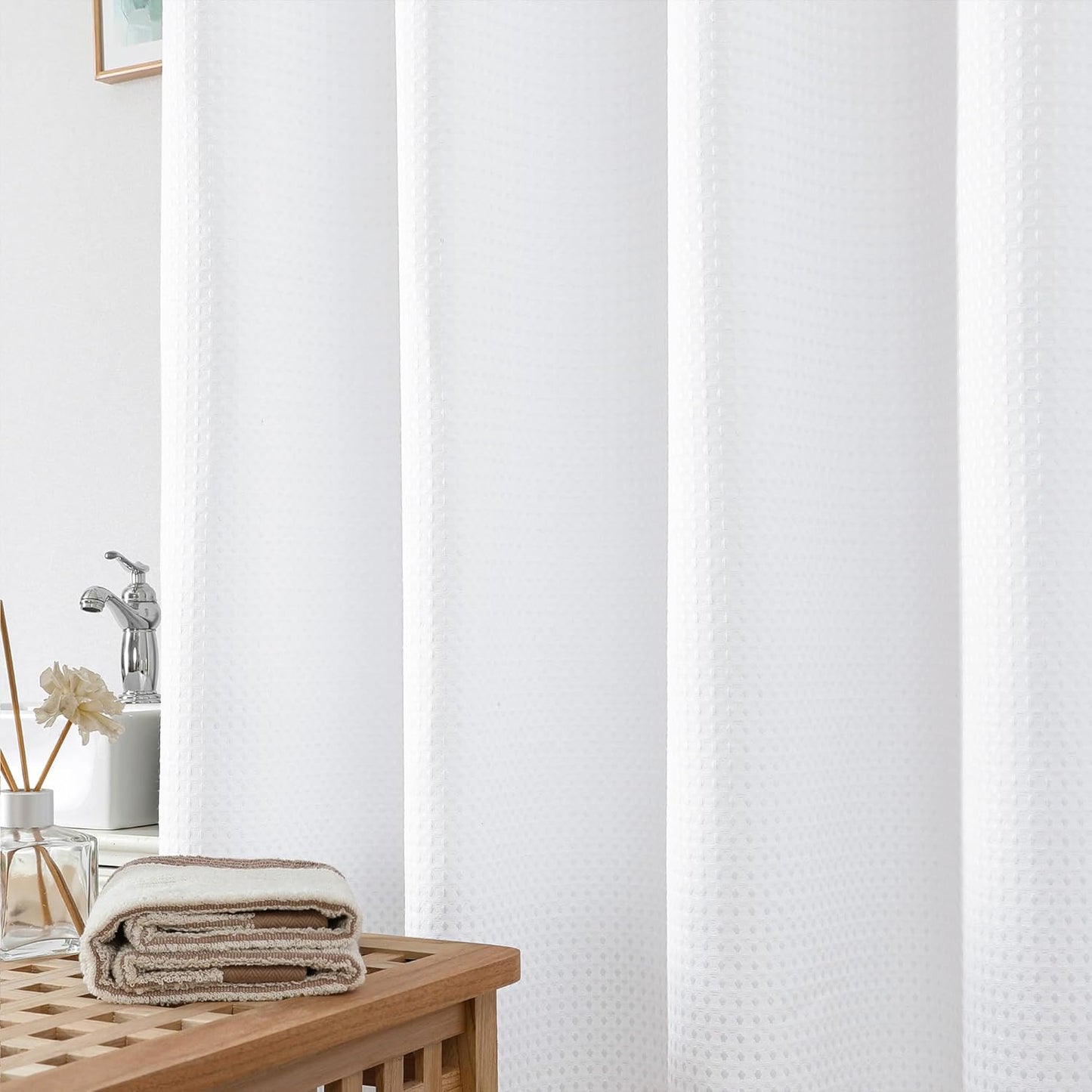 White Shower Curtain, Stall Small Waffle Weave Heavy Fabric Shower Curtains for Narrow Size Bathroom, Waterproof Soft Hotel Spa Luxury Bath Curtain Set, Machine Washable, White, 36X72 Inch