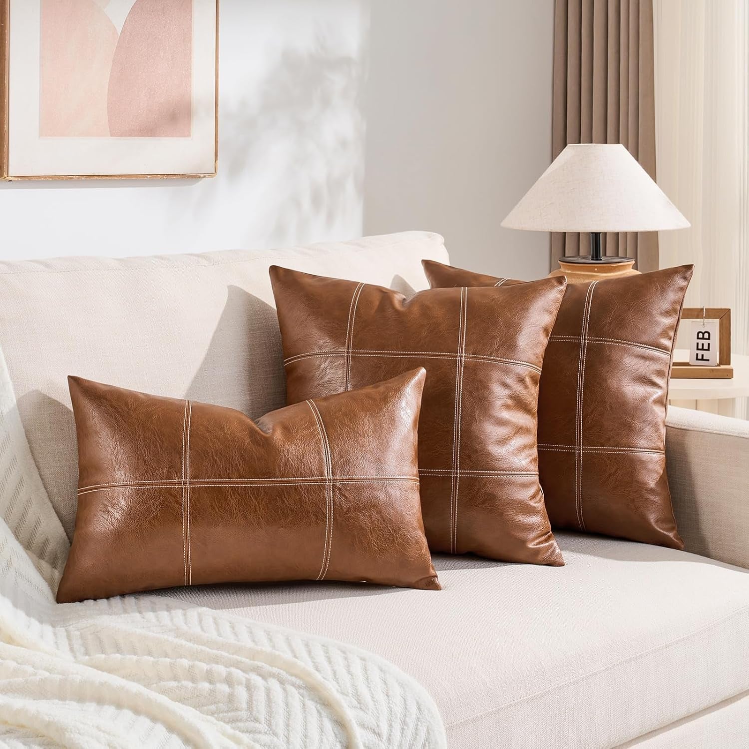 2 Packs Brown Boho Lumbar Plaid Faux Leather Decorative Throw Pillow Covers 12X20 Inch for Living Room Couch Bed, Rustic Modern Home Decor, Hand Stitched Rectangle Cushion Case 30X50 Cm