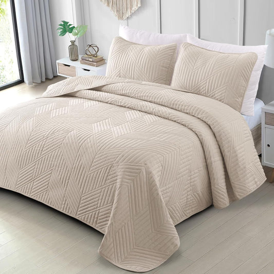 Ultrasonic Full Queen Quilt Bedding Set - Lightweight Birch Beige Bedspreads with Soft Modern Geometric Design for All Seasons (Includes 1 Quilt and 2 Pillow Shams)