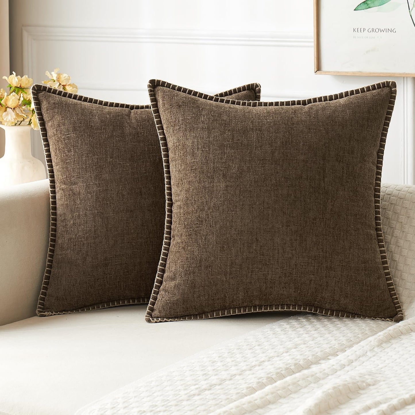 Pack of 2 Couch Throw Pillow Covers 18X18 Inch Brown Farmhouse Decorative Pillow Covers with Stitched Edge Soft Chenille Solid Dyed Spring Pillow Covers for Sofa Bed Living Room
