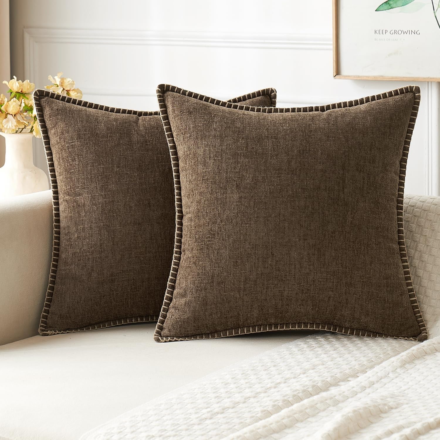 Pack of 2 Couch Throw Pillow Covers 18X18 Inch Brown Farmhouse Decorative Pillow Covers with Stitched Edge Soft Chenille Solid Dyed Spring Pillow Covers for Sofa Bed Living Room