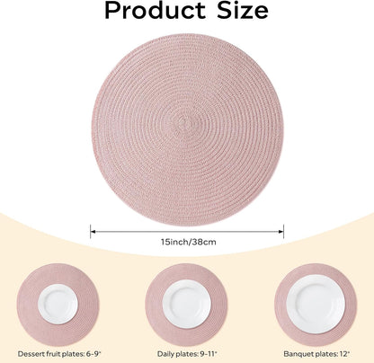 round Placemats Heat and Slip Resistant Cotton Table Mats, Washable Bohemian Placemats for Dining Tables (Pink, Set of 4)