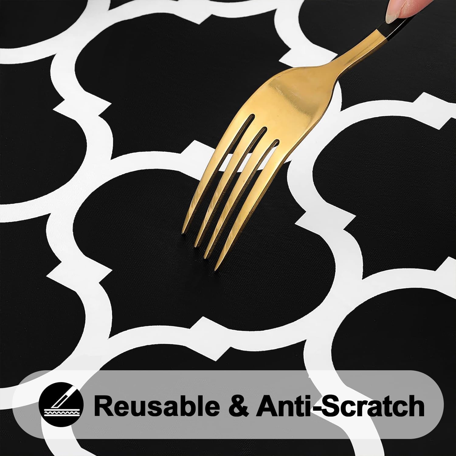 round Picnic Tablecloth, Waterproof Elastic Fitted Table Covers for 36" - 44" Tables, Wipeable Flannel Backed Vinyl Tablecloths for Camping, Indoor, Outdoor, Black & White