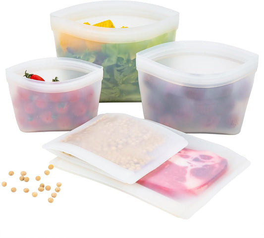 Silicone Bags for Food Storage, Reusable Zip Lock Bags Silicone Food Storage Containers, Freezer Microwave Oven Dishwasher Safe, Plastice Bpa-Free 5 Pack (40Oz 20Oz 12Oz 17Oz 34Oz)