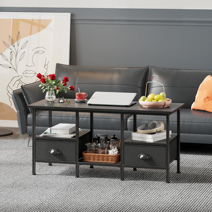35" Coffee Table with 2 Storage Drawers, Small Coffee Tables for Living Room, Modern Center Table with 2 Tier Shelf, Black