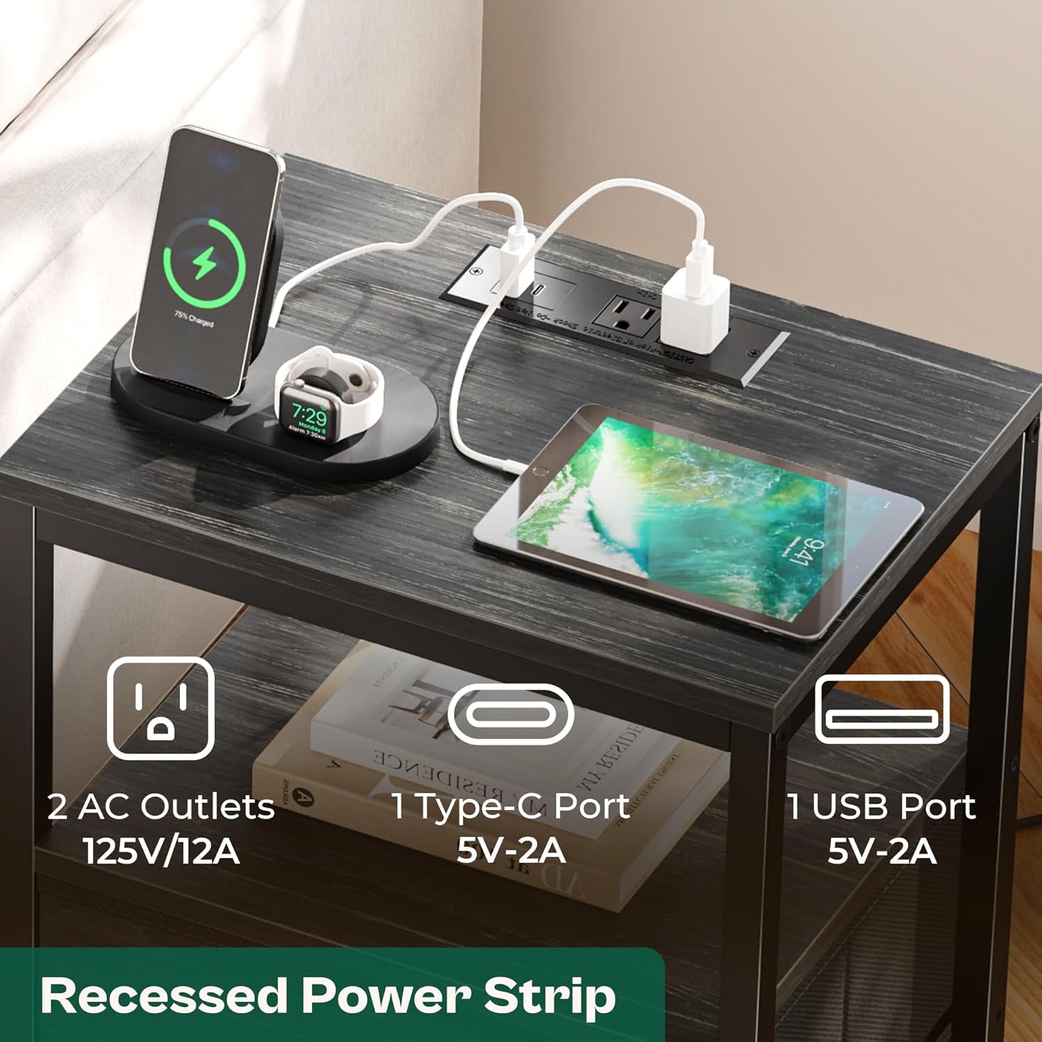 Elegant Nightstand with Integrated Charging Station, Fabric Storage Drawers, Open Shelf Design, USB Ports and Outlets, Charcoal Black Wood Grain Finish