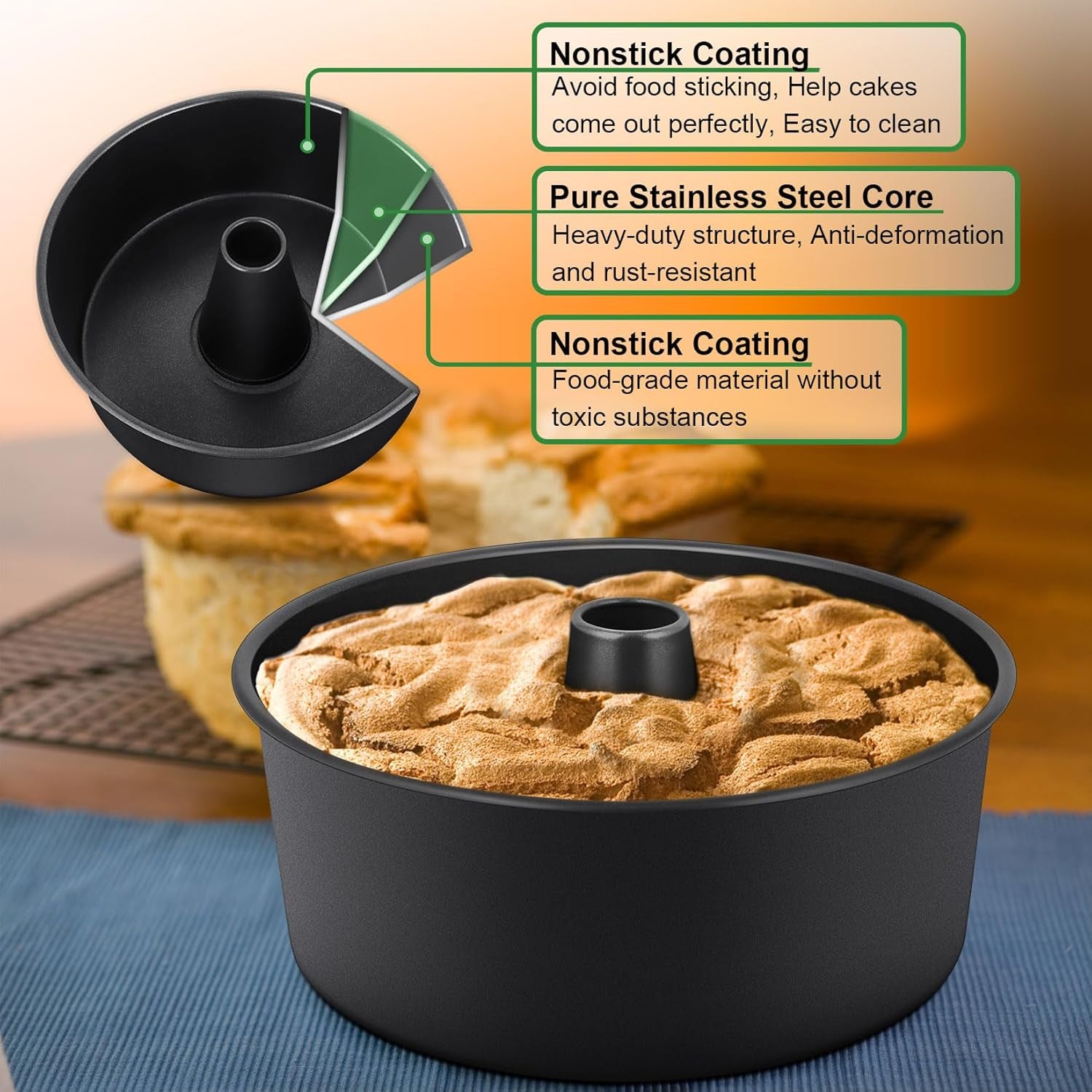 Angel Food Cake Pan, 10 Inch Cake Pan round Baking Tube Tin for Baking Pound Cakes, Conical Hollow & One-Piece Design, Stainless Steel Core & Heavy-Duty, Oven Safe - Black