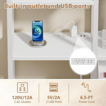 6-Tier Bookshelf with Charging Station, Double Display Shelf with Drawer, Tall Freestanding Bookcase, Metal Open Book Shelf for Living Room, Bedroom, Home Office, White