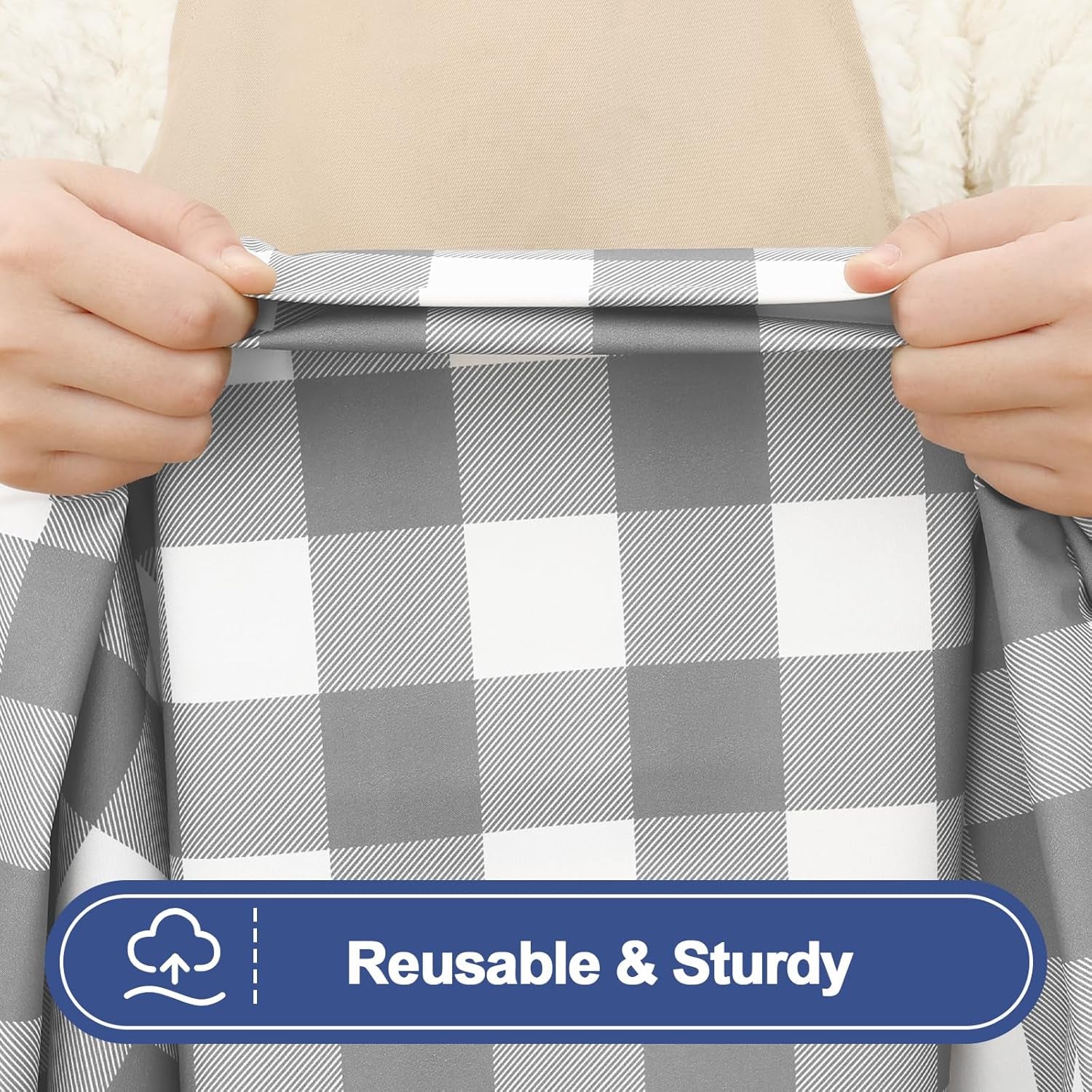 Waterproof Elastic Fitted Picnic Tablecloths - 2 Pack for 6FT Rectangle Tables, Washable Polyester Buffalo Plaid Design for Camping, Dining, and Outdoor Use (Grey & White, 30" X 72")