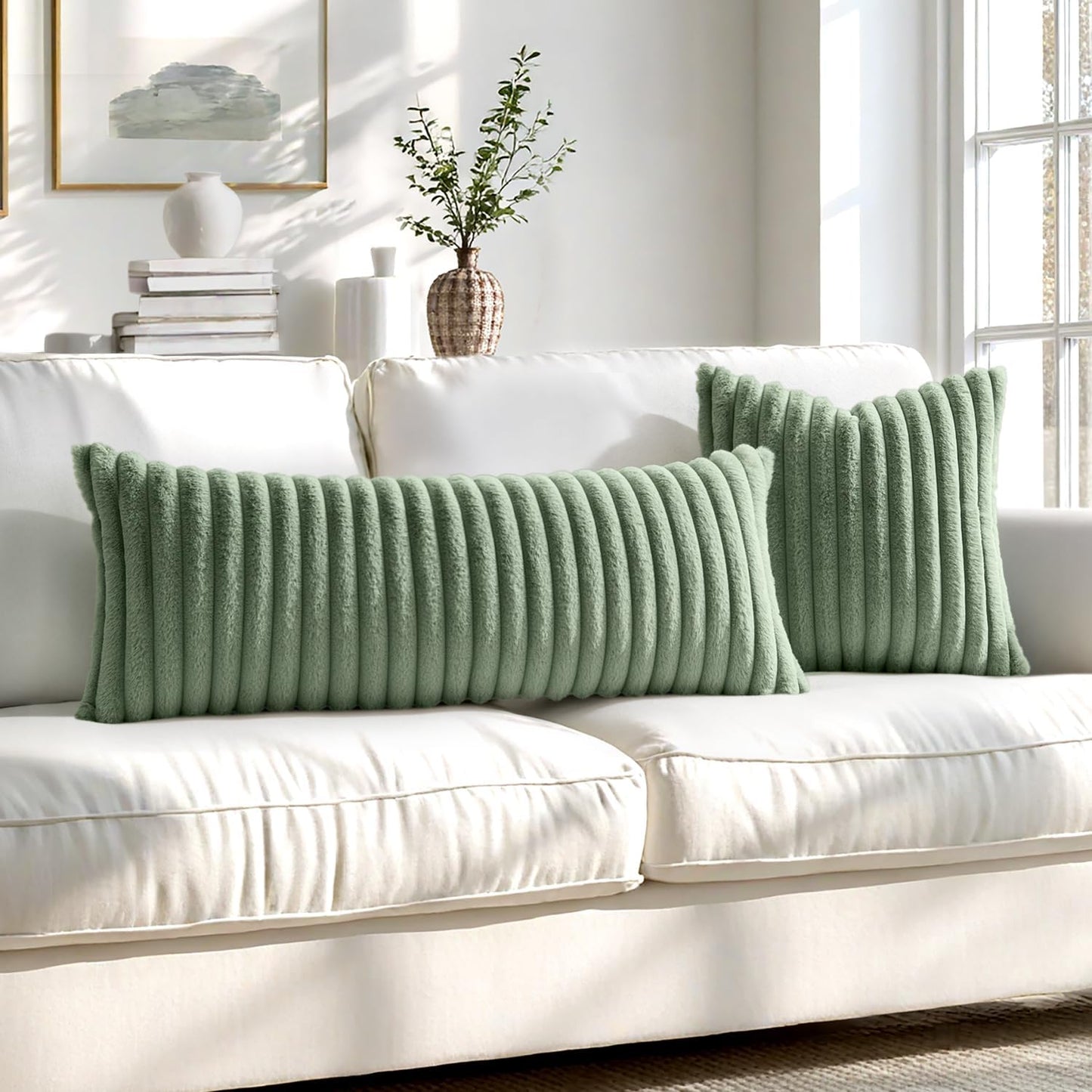 Faux Fur Decorative Throw Pillow Covers, 18x18 Inch Set of 2, Modern Plush Couch Pillows in Sage Green for Spring Home Decor