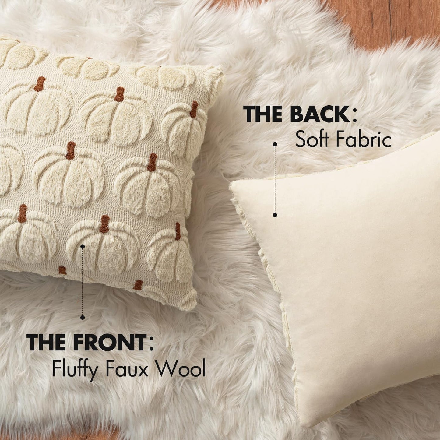 Fall Pumpkin Throw Pillow Covers Decor Set of 2 Beige Brown Stem 18 X 18 Decorative Cushion Covers Soft Plush Faux Fur Couch Pillows for Autumn Harvest Outdoor Porch Farmhouse Halloween Home