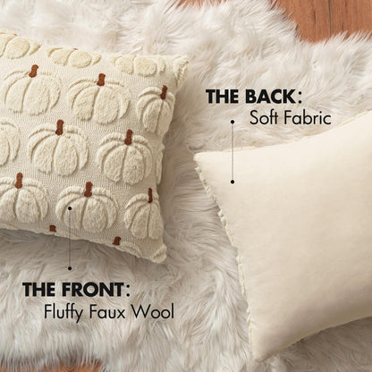 Fall Pumpkin Throw Pillow Covers Decor Set of 2 Beige Brown Stem 18 X 18 Decorative Cushion Covers Soft Plush Faux Fur Couch Pillows for Autumn Harvest Outdoor Porch Farmhouse Halloween Home