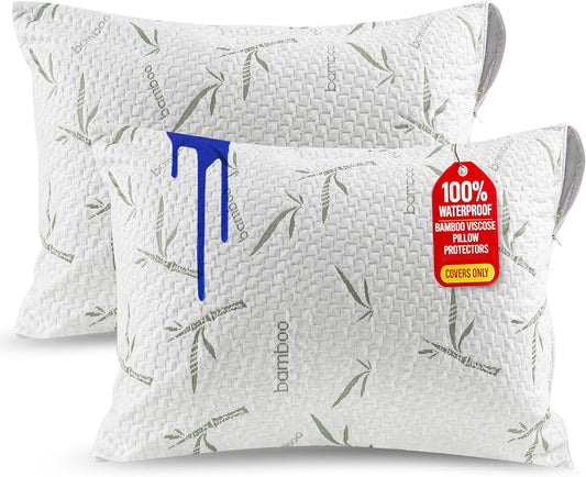 Waterproof Pillow Protectors with Zipper Queen Size (2 Pack), Soft and Cooling Bamboo Viscose Pillow Covers, Bed Bug Proof Pillow Encasements 20 X 28 Inches