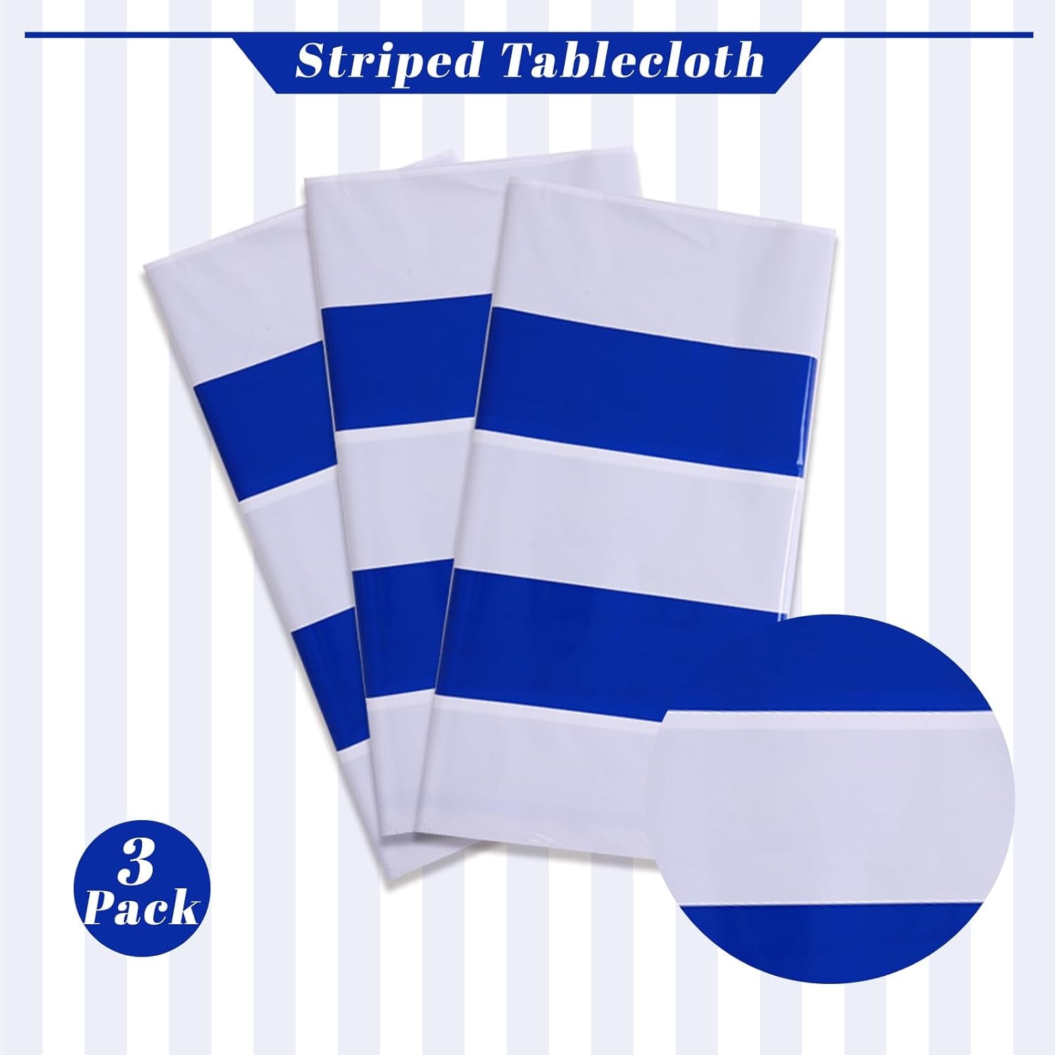 3 Packs Blue and White Vertical Striped Tablecloth 54 X 108 Inch Nautical Blue Stripe Plastic Table Cover Roll Waterproof Disposable Geometric Picnic Party Table Cloth for Dining Family Banquet