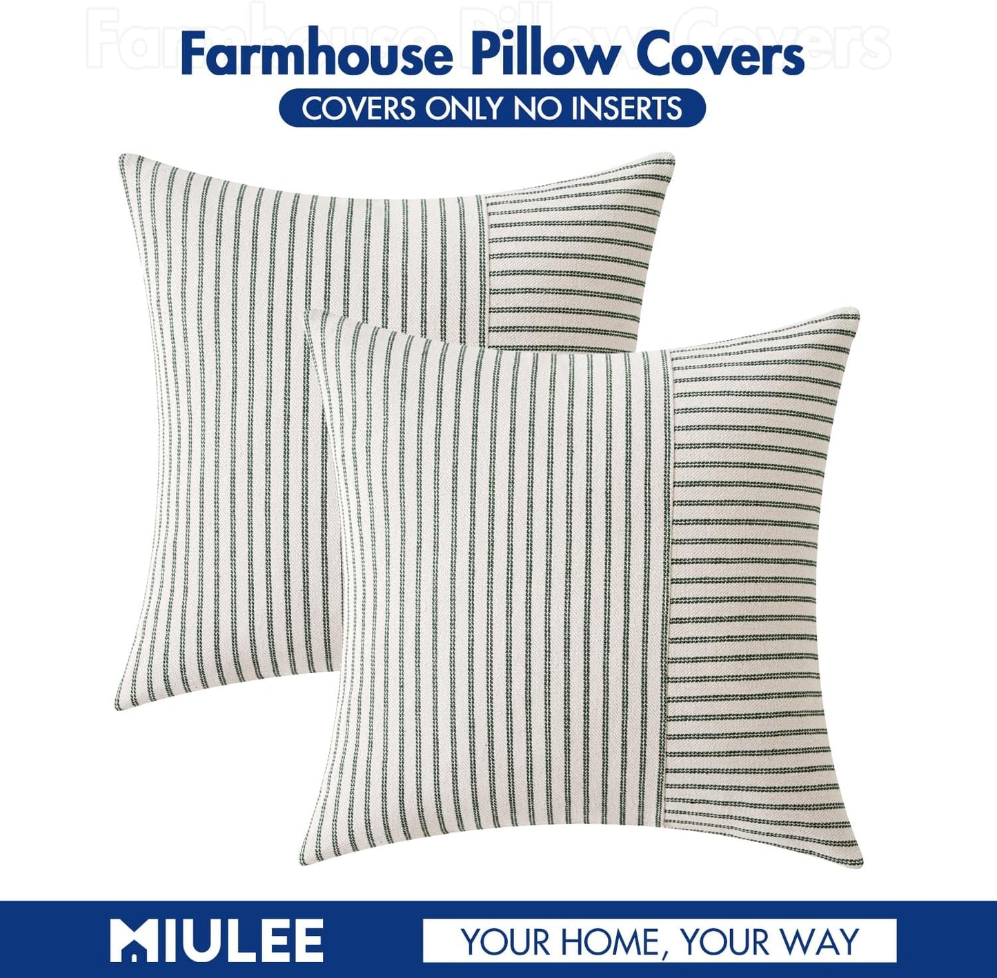 Dark Green Patchwork Farmhouse Pillow Covers 18X18 Inch, Pack of 2 Striped Linen Decorative Modern Accent Pillow Cases for Sofa Couch Bedroom