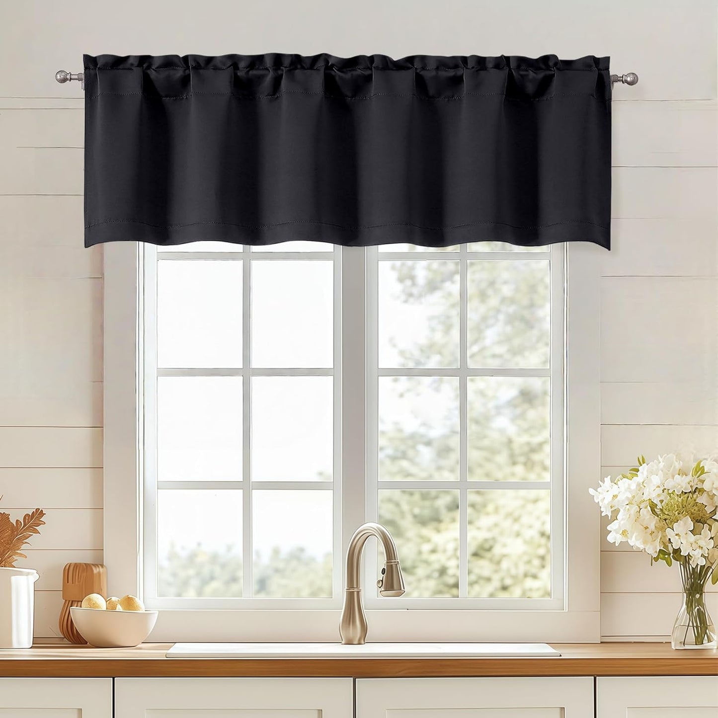 Black Valances for Windows, Small Blackout Curtains for Kitchen Bedroom Living Room, Rod Pocket Privacy Modern Solid Short Window Treatment Valance Bathroom Panels, 60" Wx14 L,1 Piece