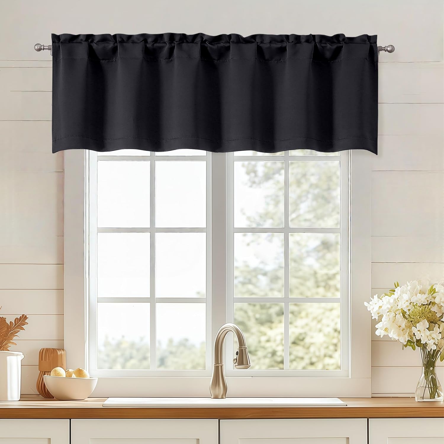 Black Valances for Windows, Small Blackout Curtains for Kitchen Bedroom Living Room, Rod Pocket Privacy Modern Solid Short Window Treatment Valance Bathroom Panels, 60" Wx14 L,1 Piece