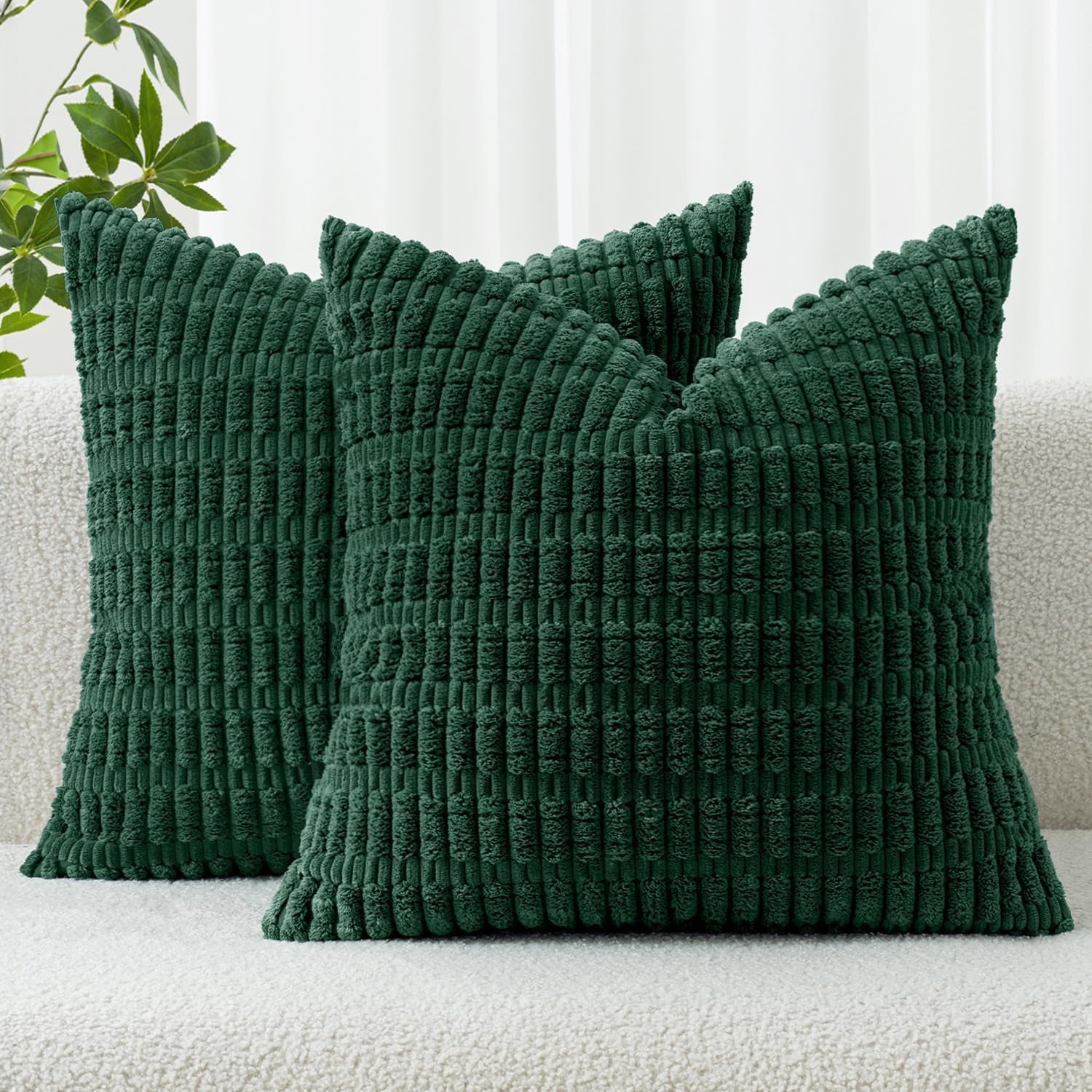 Set of 2 Dark Green Corduroy Decorative Pillow Covers, 18x18 Inches, Soft Bohemian Striped Throw Pillows for Modern Farmhouse Home Decor, Ideal for Sofa, Living Room, Couch, and Bed