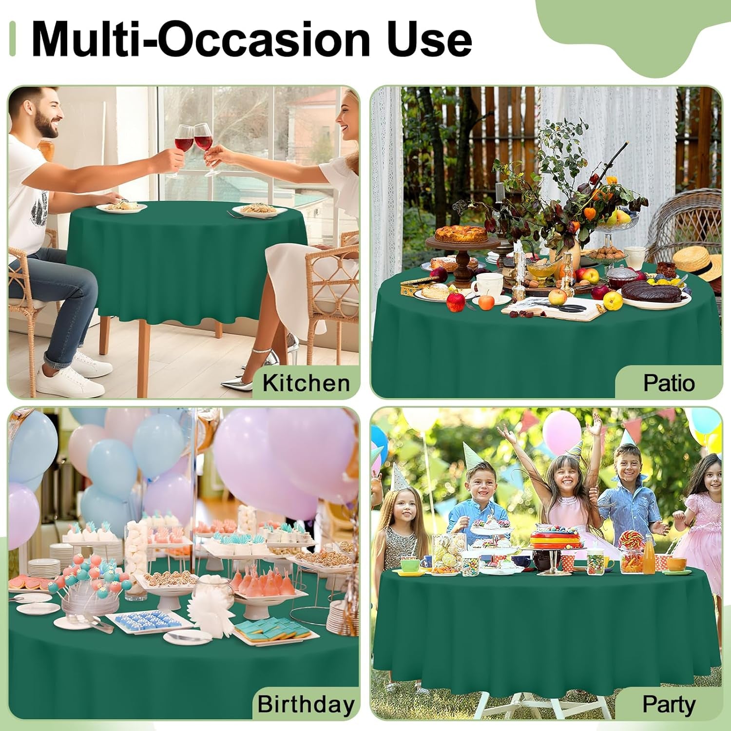 4 Packs Disposable Plastic Table Cloth, 84" round Waterproof Tablecloth, Leakproof & Sturdy Decorative Table Covers for Picnic, Party and Outdoor, Christmas Green