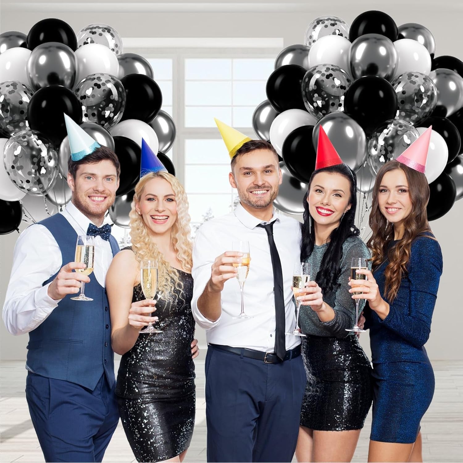 60Pcs Black and Silver Balloons 12Inch, Black and White Balloons with Metallic Silver Confetti Balloons for Baby Shower Wedding Birthday Graduation Party Decorations
