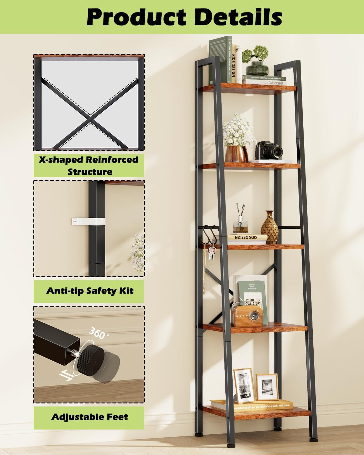 5 Tier Ladder Shelf Bookcase, Tall Narrow Bookshelf with 2 Hooks, Rustic Brown Bathroom Corner Book Shelf, Metal Wood Book Case Standing Unit, Display Shelf for Living Room Office Kitchen