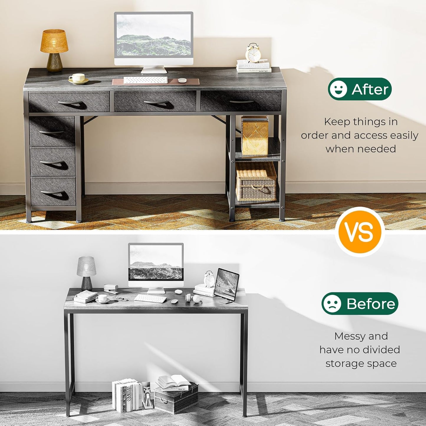 47-Inch Computer Desk with 6 Drawers and Shelves, Reversible Gaming and Corner Desk with Storage for Home Office and Living Room, Gray