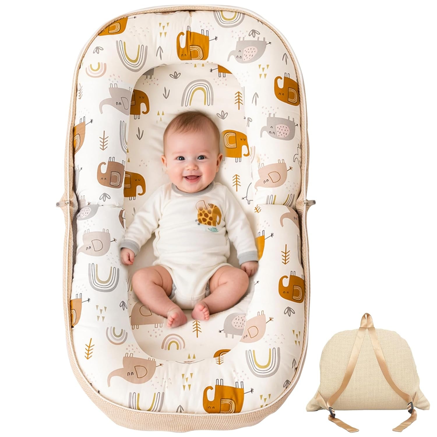 Infant Lounger and Travel Pillow with Memory Foam, Versatile Foldable Design, Adorable Pattern Cover, Ideal for 0-12 Months, White