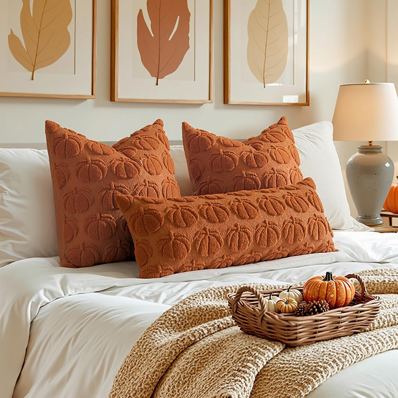 Fall Throw Pillow Covers 18X18 Set of 2 Autumn Decorations Dark Rust Pumpkin Accent Pillowcase for Outdoor Porch Sofa Couch Bed Living Room Plush Faux Fur Halloween Farmhouse Home Decor