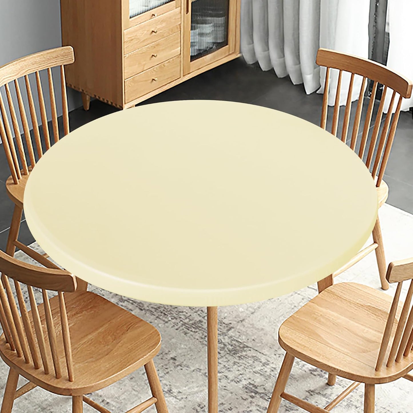 Fitted round Table Cloth, Reversible Waterproof Stain Resistant Elastic Stretch Tablecloth, Wipe Clean Table Cover for Outdoor/Indoor Use, Fits round Tables up to 40" - 44" Diameter, Cream