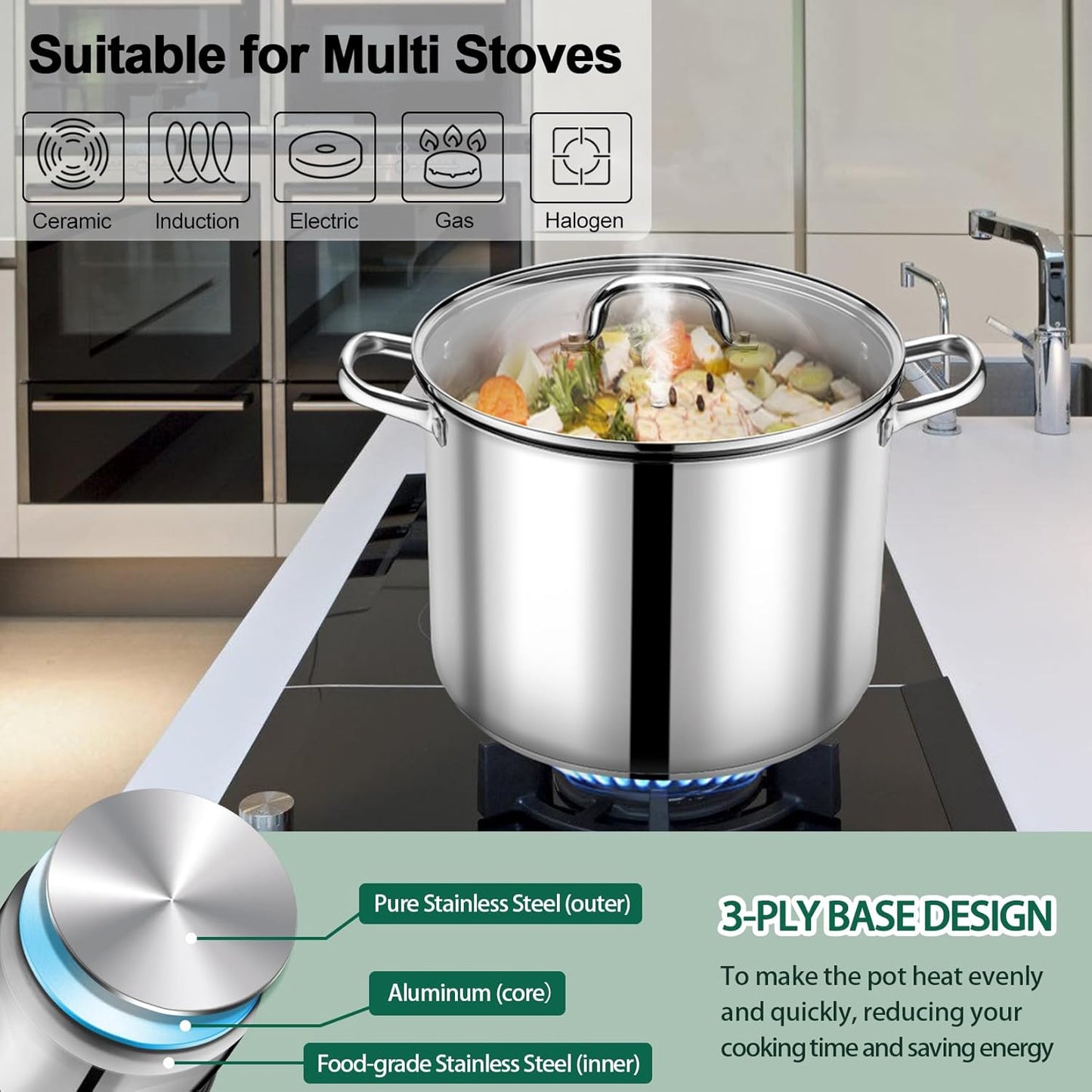 20 QT Stock Pot with Lid, Stainless Steel Large Cooking Pot, Soup Canning Stockpot for Stewing Simmering, Tri-Ply Bottom for All Stoves, Heavy-Duty &Dishwasher Safe & Food-Grade