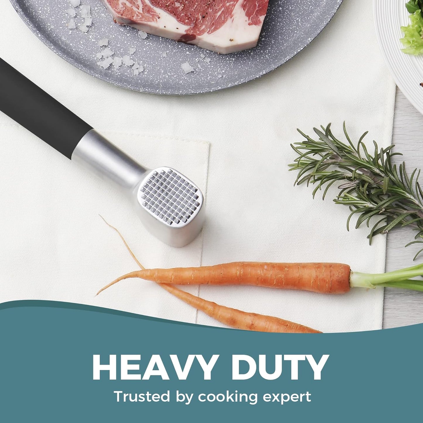 Meat Tenderizer Hammer with Comfortable-Grip Rubber Handle, Dual-Side Meat Mallet for Kitchen, Heavy Duty Meat Pounder Hammer for Tenderizing Steak, Beef and Fish - Black
