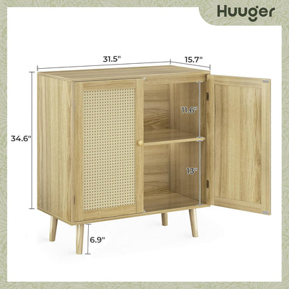 Buffet Cabinet with Storage and PE Rattan Decor Doors, Accent Sideboard with Solid Wood Legs for Hallway, Entryway, and Living Room in Natural Finish