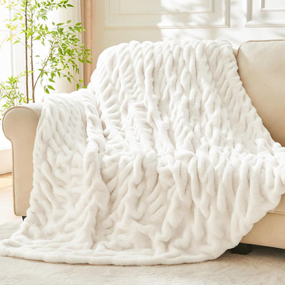 Faux Fur Throw Blanket for Couch, Soft and Cozy Boho Ruched Fluffy Blanket, Warm Plush Fuzzy Faux Rabbit Fur Blanket for Women Gift (Cream, 50"X 60")