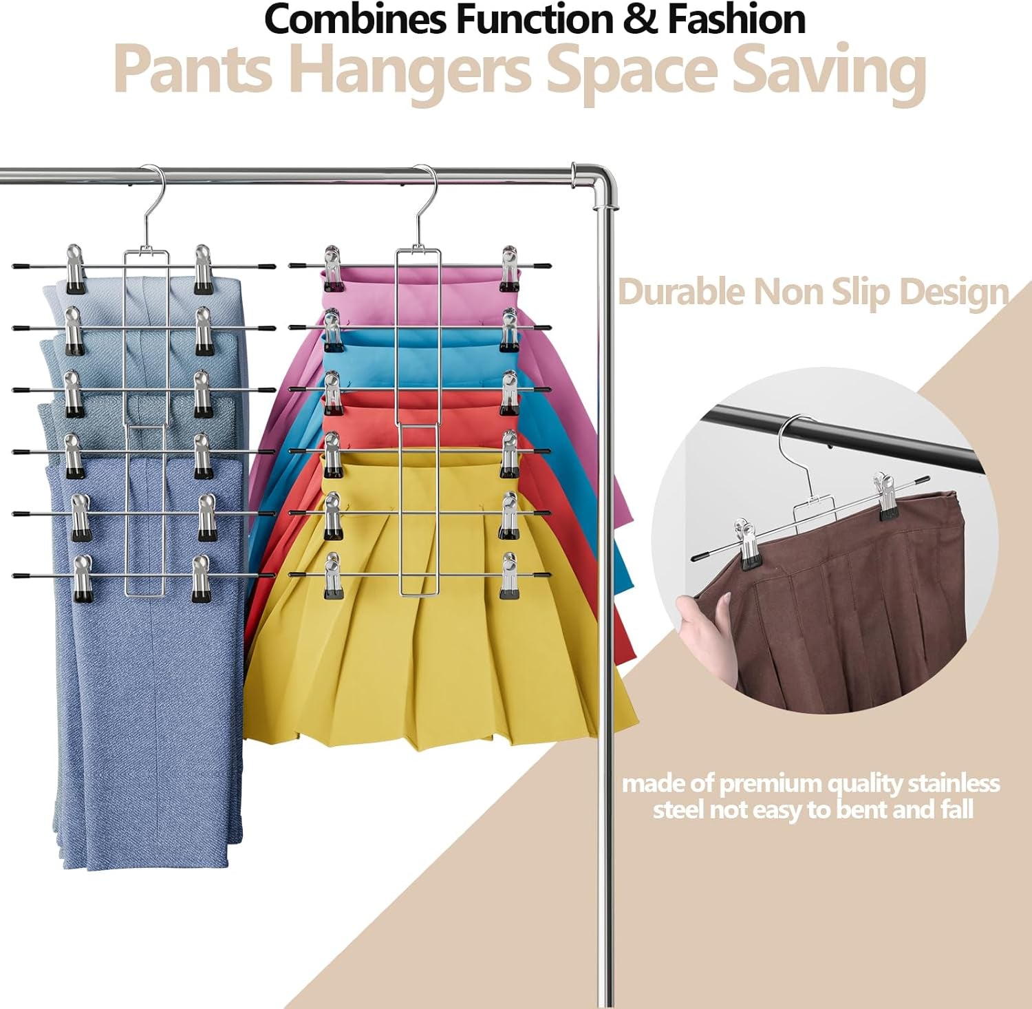 4 Pack Pants & Skirt Hangers Space Saving Hanging Closet Organizer and Storage, Upgrade Skirt Hangers with Clips and 360° Swivel Hook, Closet Storage