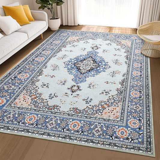 Large Washable Area Rug for Living Room, 6X9 Blue Boho Rugs for Bedroom, Non-Slip Thin Low Pile Vintage Throw Carpet for Office Dining Room Kitchen Home Decor