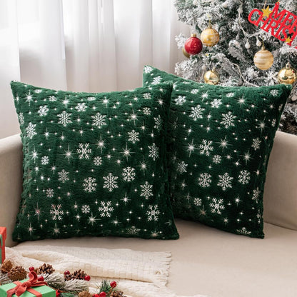 Set of 2 Christmas Decorative Throw Pillow Covers Soft Faux Fur Winter Pillow Covers with Silver Snowflake Glitter Holiday Festival Pillowcases for Couch Sofa Bed, 18×18Inch, Dark Green