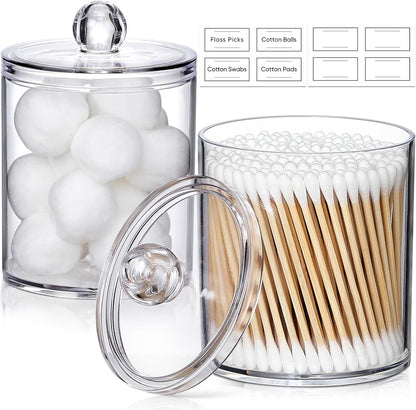 2 Pack Acrylic Qtip Holder Dispenser for Cotton Swabs, Balls, Pads, Floss Picks- Small Clear Plastic Canister Apothecary Jar Set, Bathroom Essentials Accessories Decor, Vanity Makeup Storage Organizer