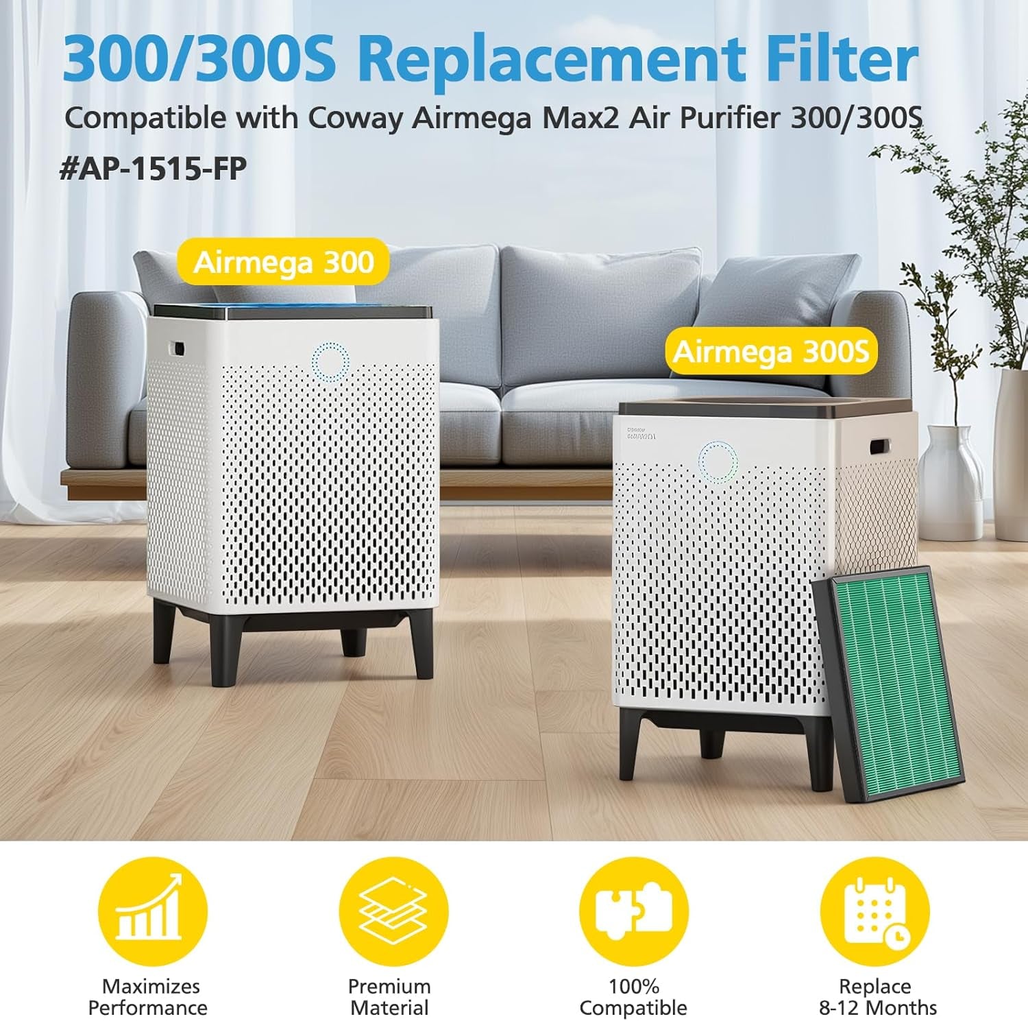 2Pack 300/300S Replacement Filter for Coway Airmega Max2 Air Purifier 300/300S, True HEPA Filter & Activated Carbon 2-In-1 Filter, # AP-1515-FP