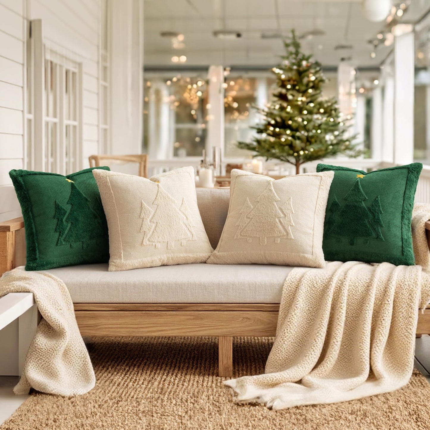 Christmas Trees Pillow Covers Set of 2 Decorative Soft Throw Pillows Plush Faux Fur Wool Embroidered Couch Cushion for Holiday Winter Home Decor Chair Sofa Bedroom Living Room,Green 18X18Inch