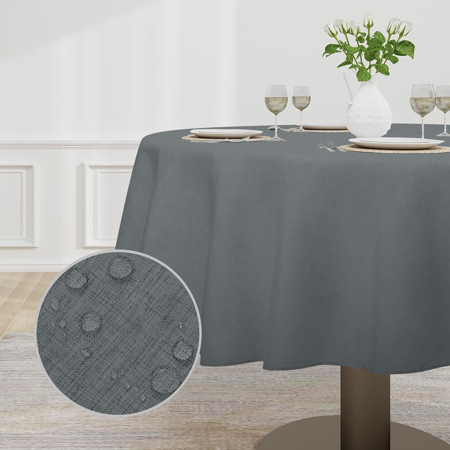 Faux Linen Waterproof Spill-Proof Tablecloth Stain Resistant round Table Cloth Wrinkle Free Decorative Fabric for Kitchen, Dining, Party, Weddings, Restaurants (70 In-Round, Dark Grey)