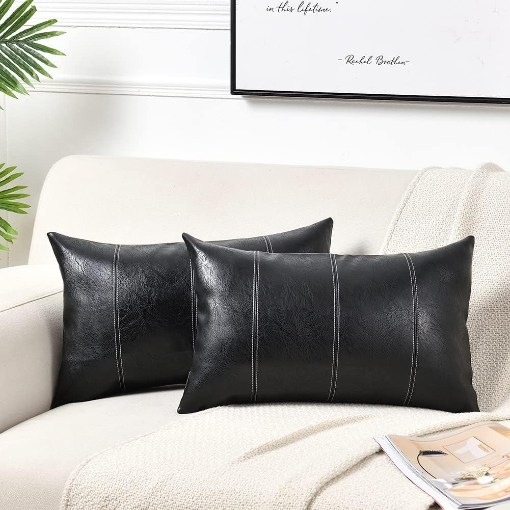 Black Lumbar Faux Leather Decorative Throw Pillow Covers 12X20 Inch for Living Room Couch Bed Sofa, Boho Farmhouse Home Decor, Hand Stitched Rectangle Cushion Case 30X50 Cm